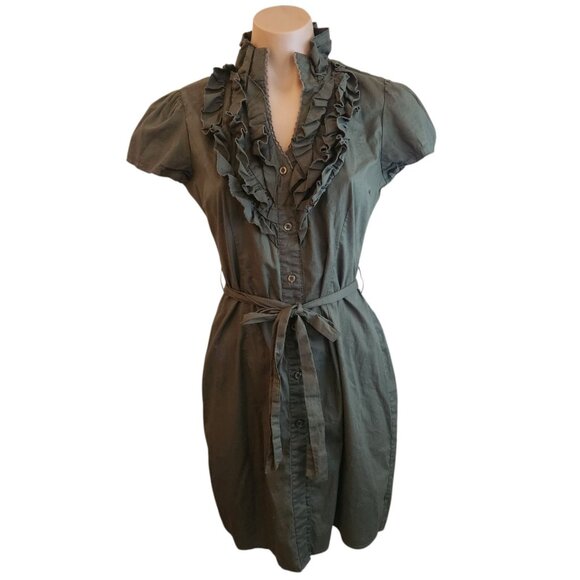 Y2K Vintage Ruffle Button Down Mini Belted Shirt Dress Army Green Jrs Medium - Picture 1 of 8